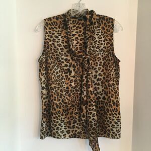 Chaus sleeveless blouse bow tie neck animal print